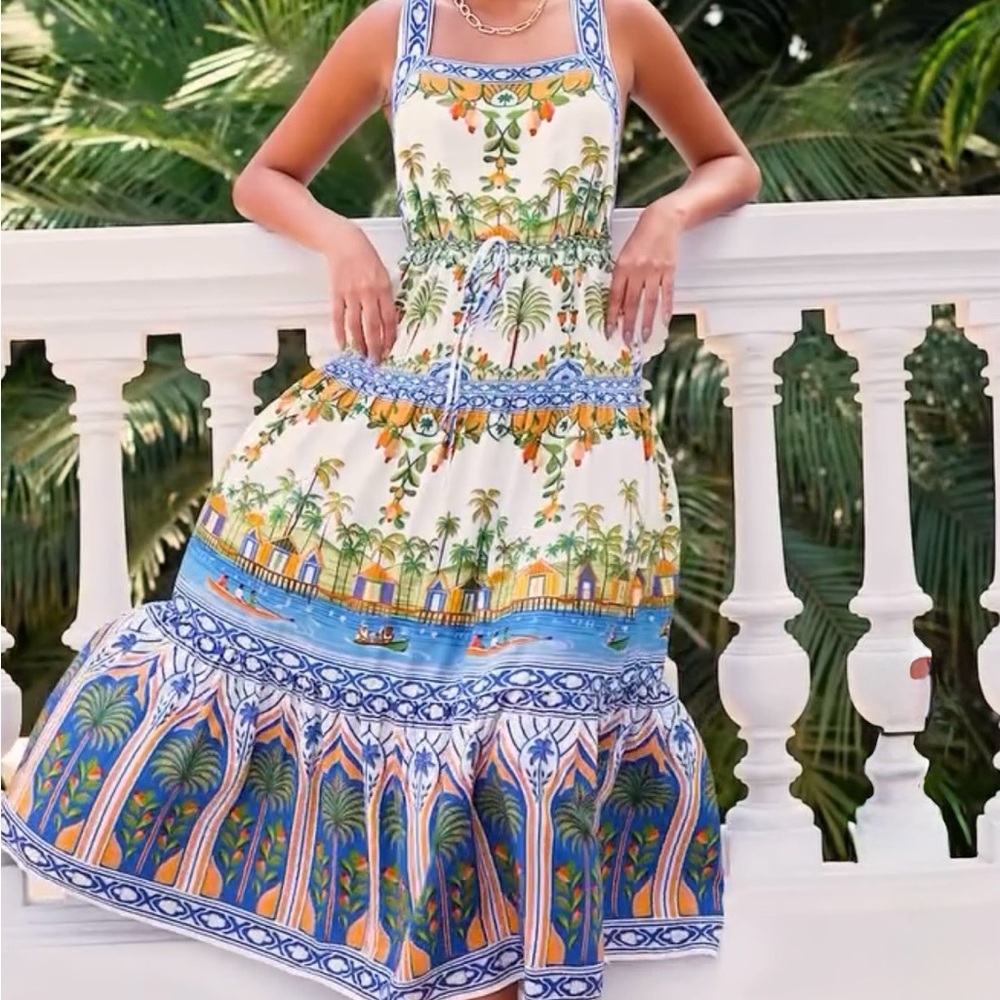 FARM Rio Blue and Orange Tropical Midi Dress